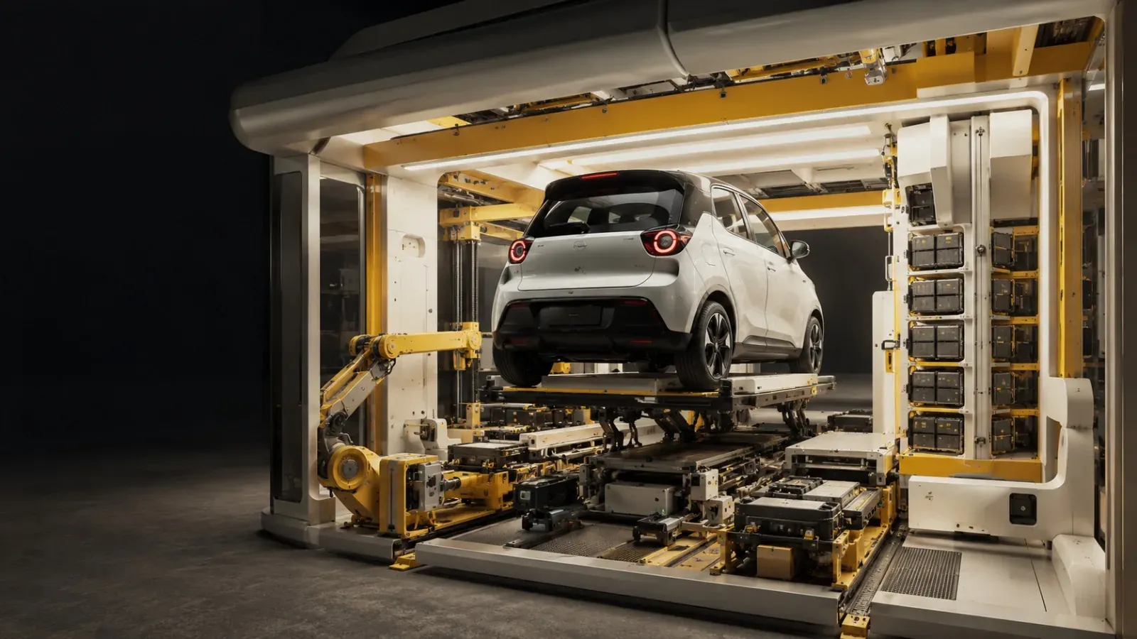 Modular swapping robot working under a car in a compact bay.
