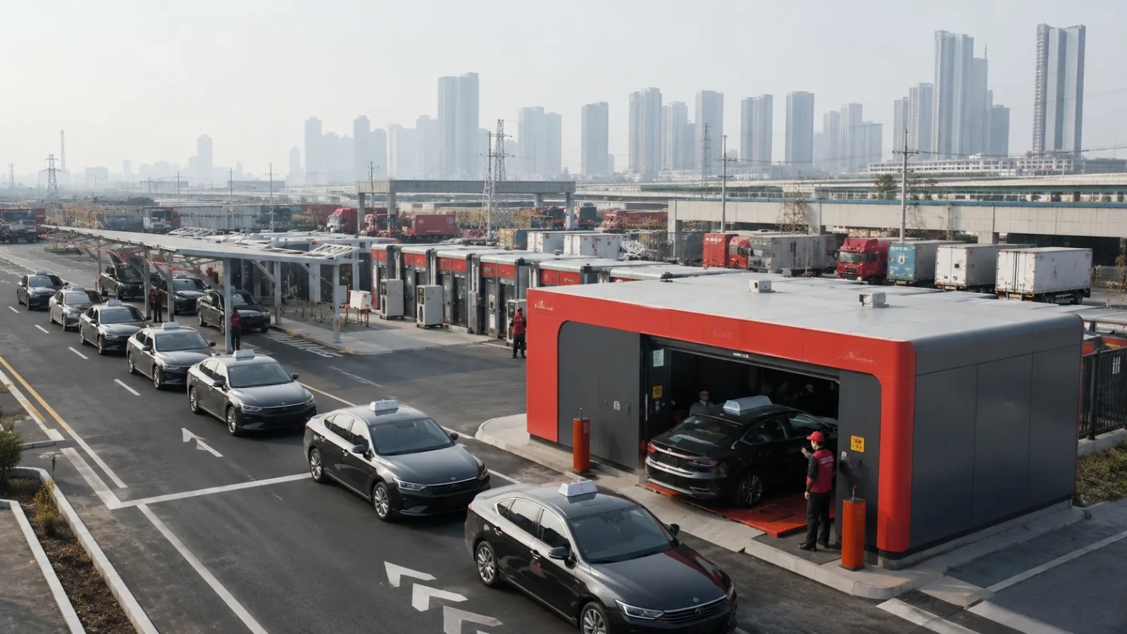 Row of swap bays at a city depot, taxis queuing at the entrance